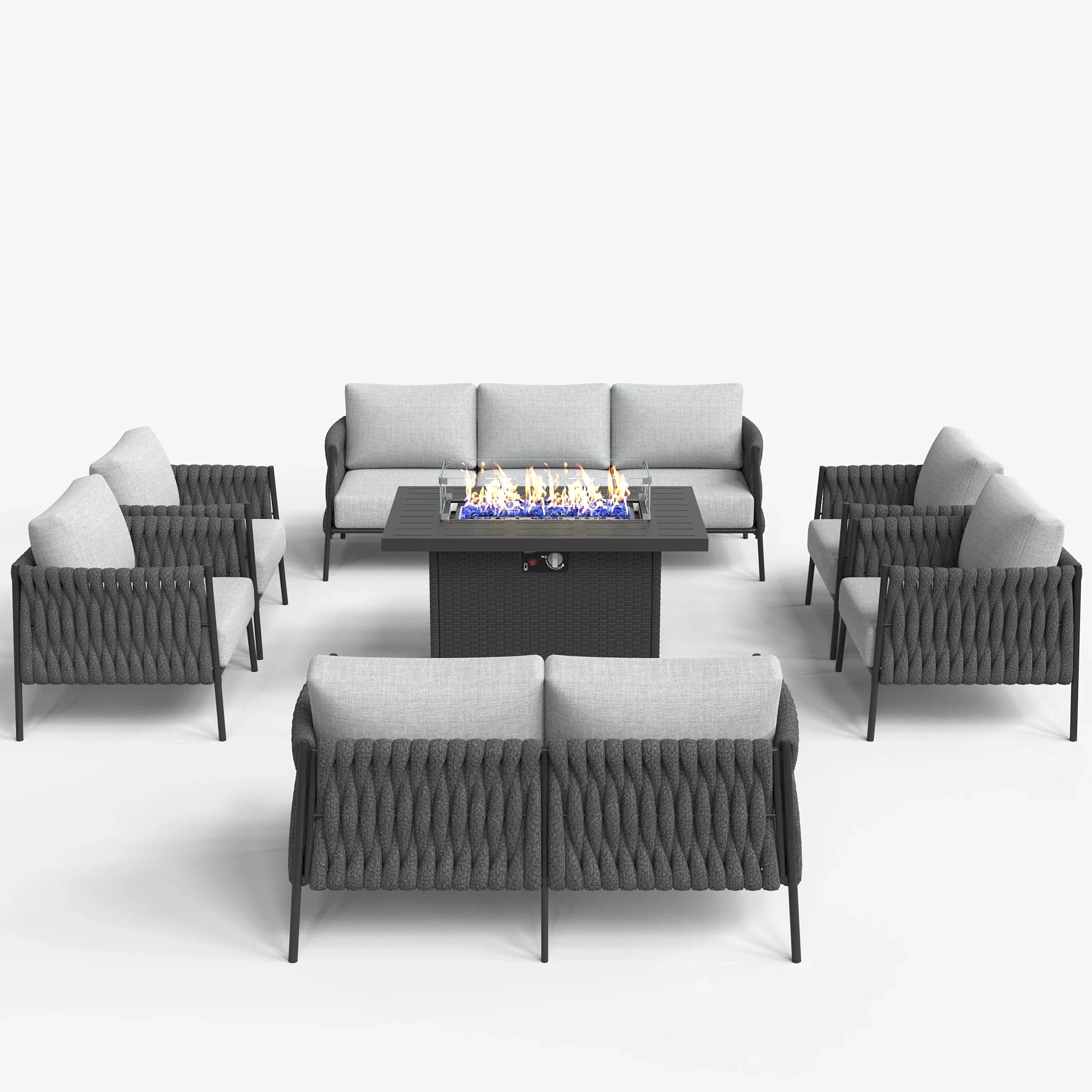 LayinSun 7-Piece Modern Woven Rope Outdoor Furniture Set with Fire Pit Table