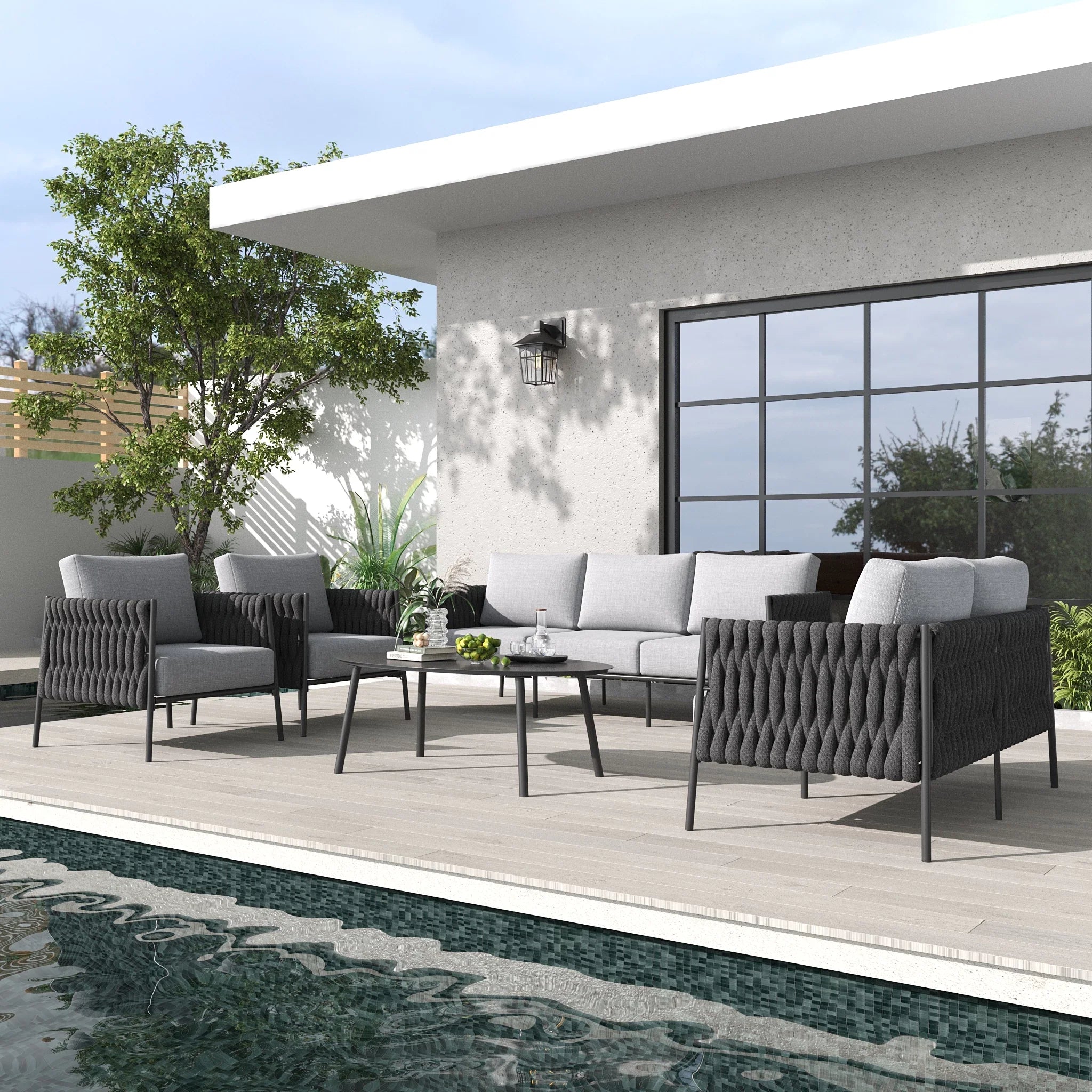 LayinSun 5-Piece Modern Woven Rope Outdoor Furniture Set with Oval Table
