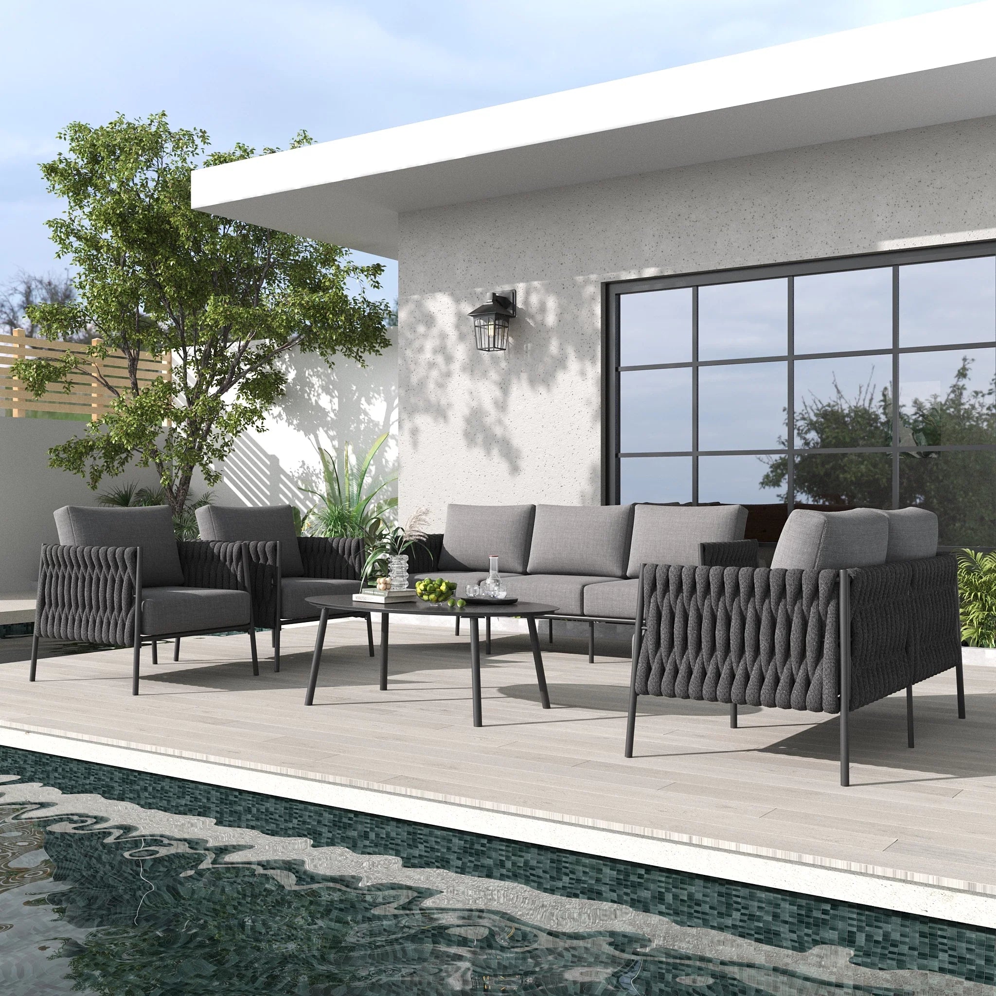 LayinSun 5-Piece Modern Woven Rope Outdoor Furniture Set with Oval Table