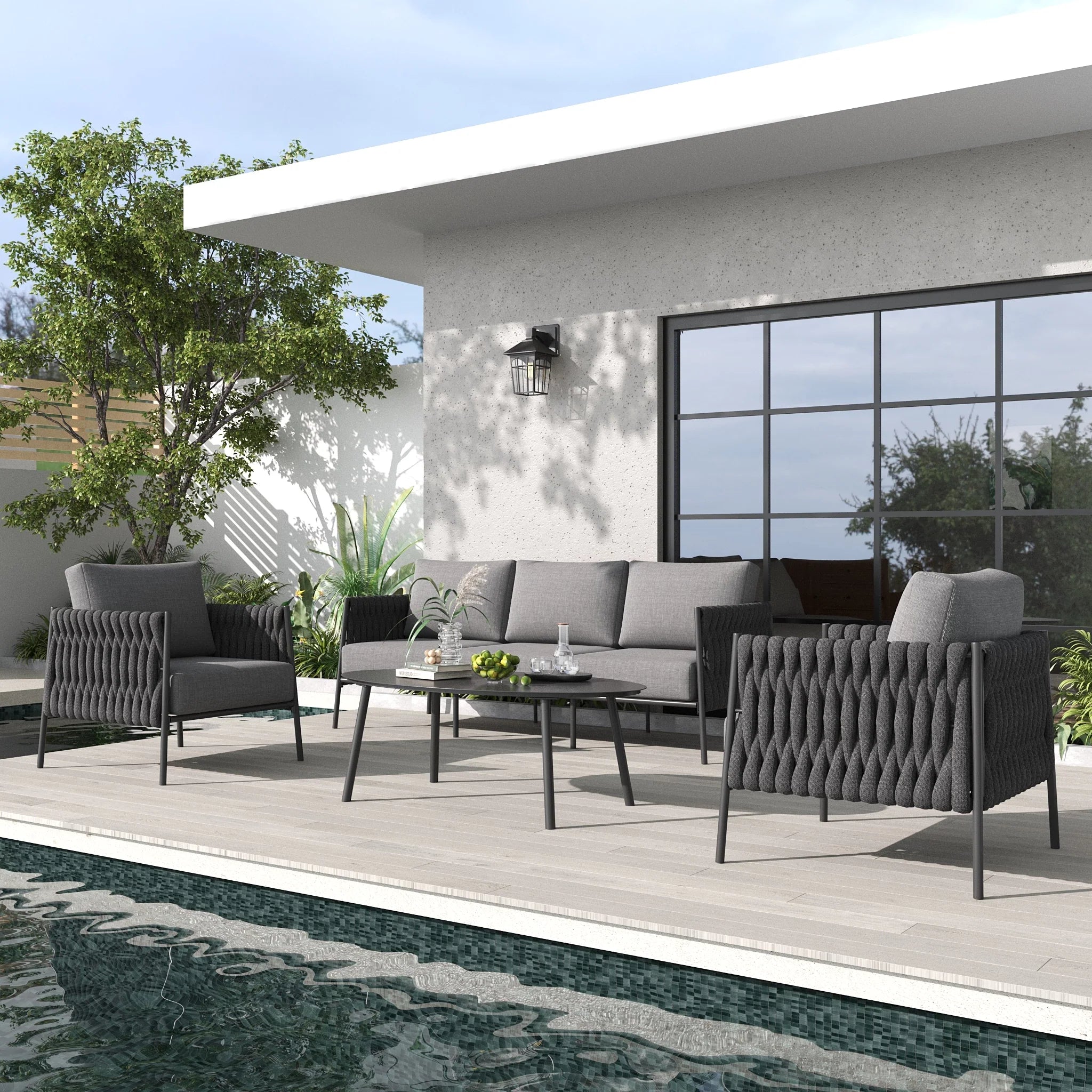 LayinSun 4-Piece Modern Woven Rope Outdoor Furniture Set with Oval Table