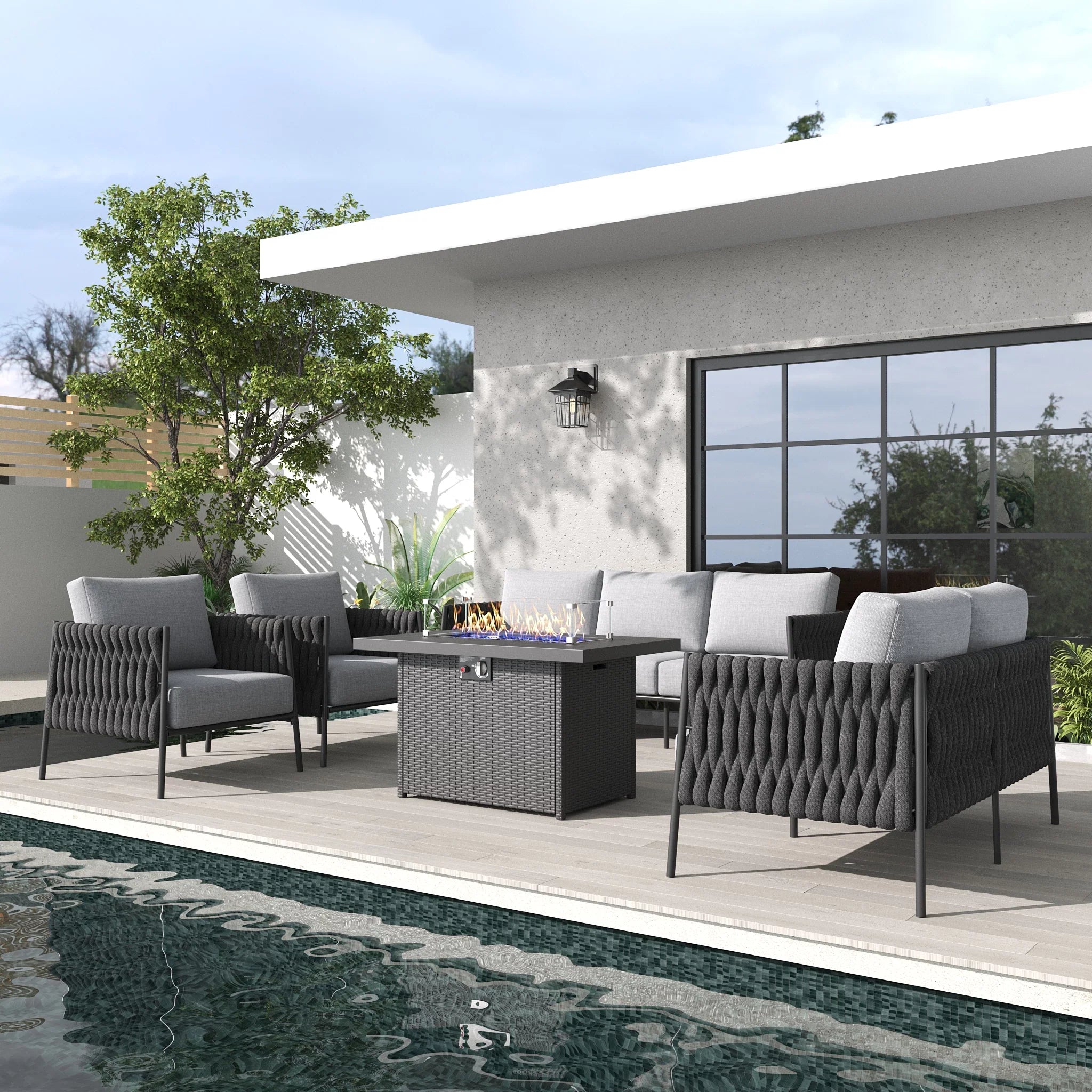 LayinSun 5-Piece Modern Woven Rope Outdoor Furniture Set with Fire Pit Table