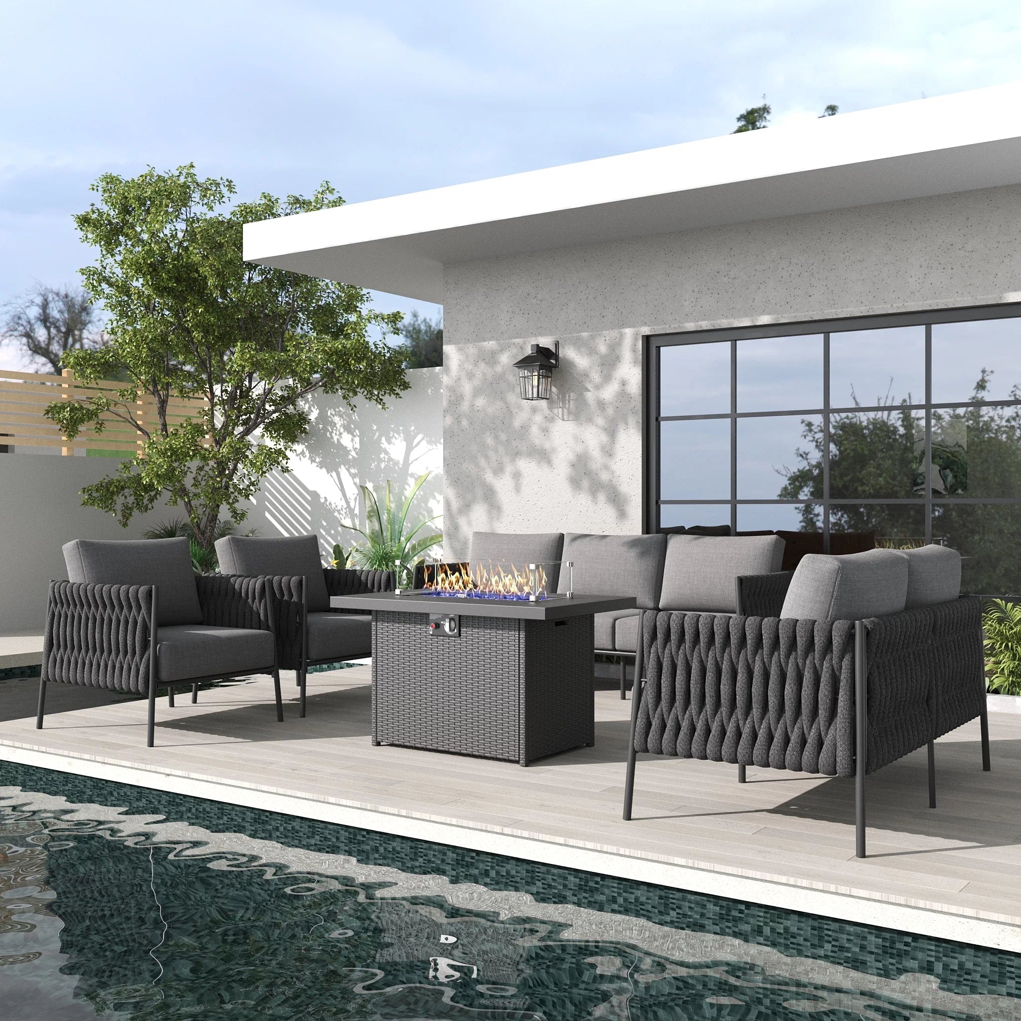 LayinSun 5-Piece Modern Woven Rope Outdoor Furniture Set with Fire Pit Table