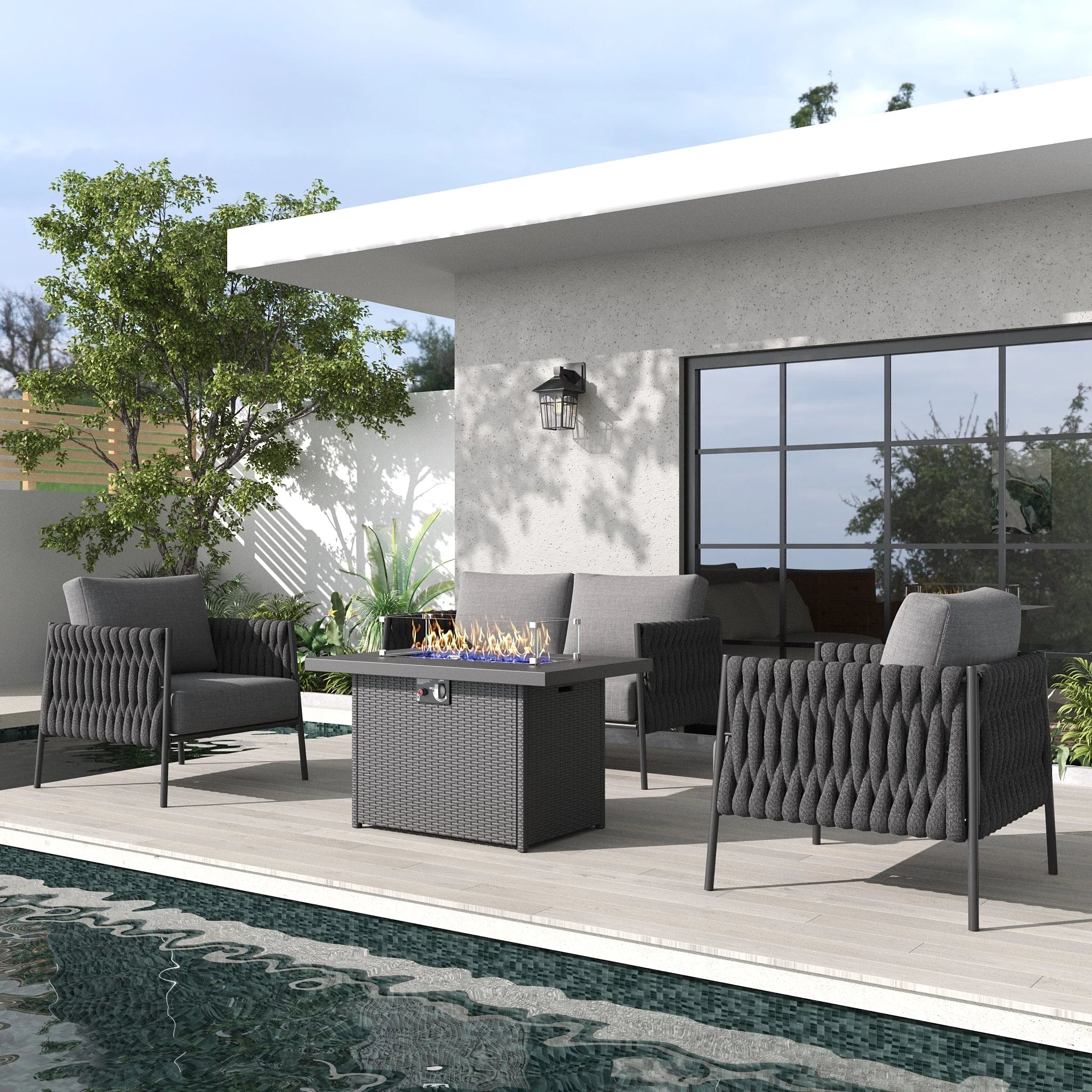LayinSun 4-Piece Modern Woven Rope Outdoor Furniture Set with Fire Pit Table