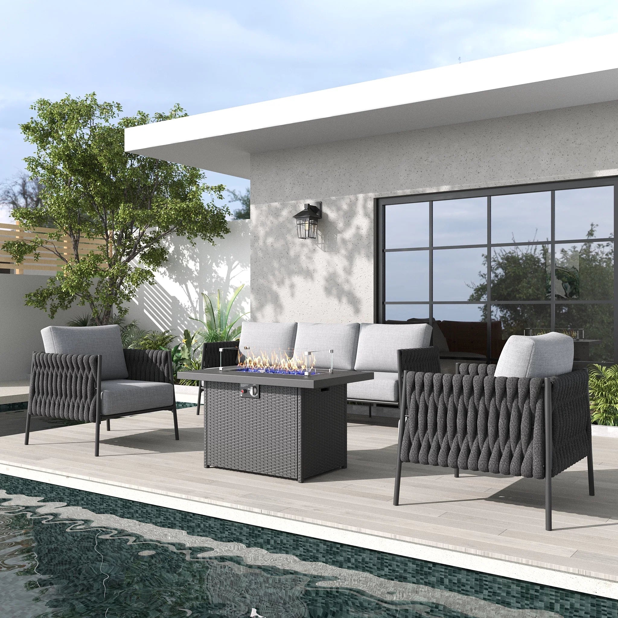 LayinSun 4-Piece Modern Woven Rope Outdoor Furniture Set with Fire Pit Table
