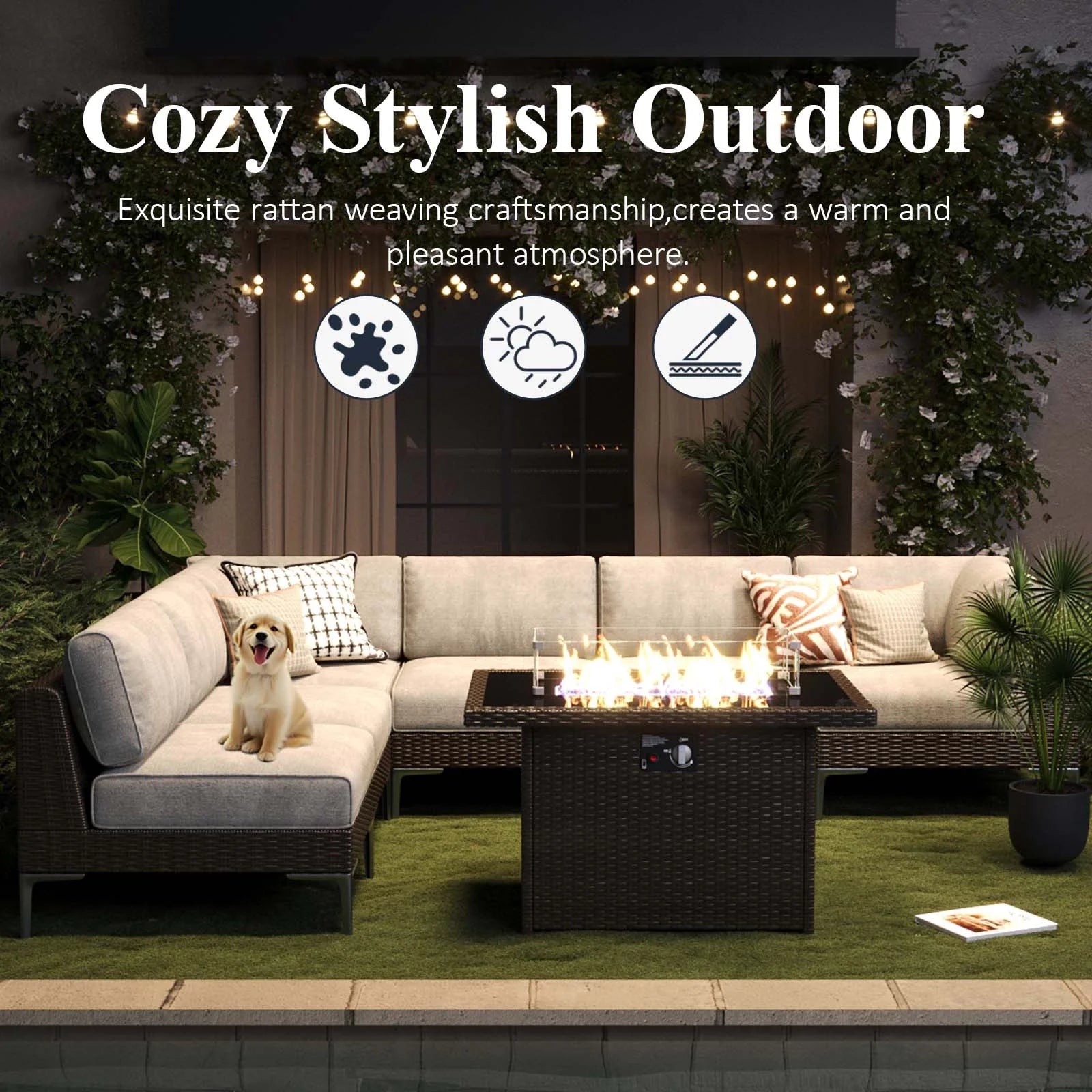 LayinSun 7-Piece Wicker Outdoor L-Shaped Modular Sectional Sofa Set with Fire Pit Table