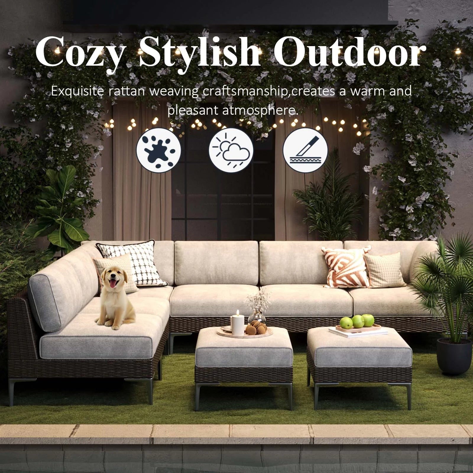 LayinSun 8-Piece Wicker Outdoor L-Shaped Modular Sectional Sofa Set Deep Seating