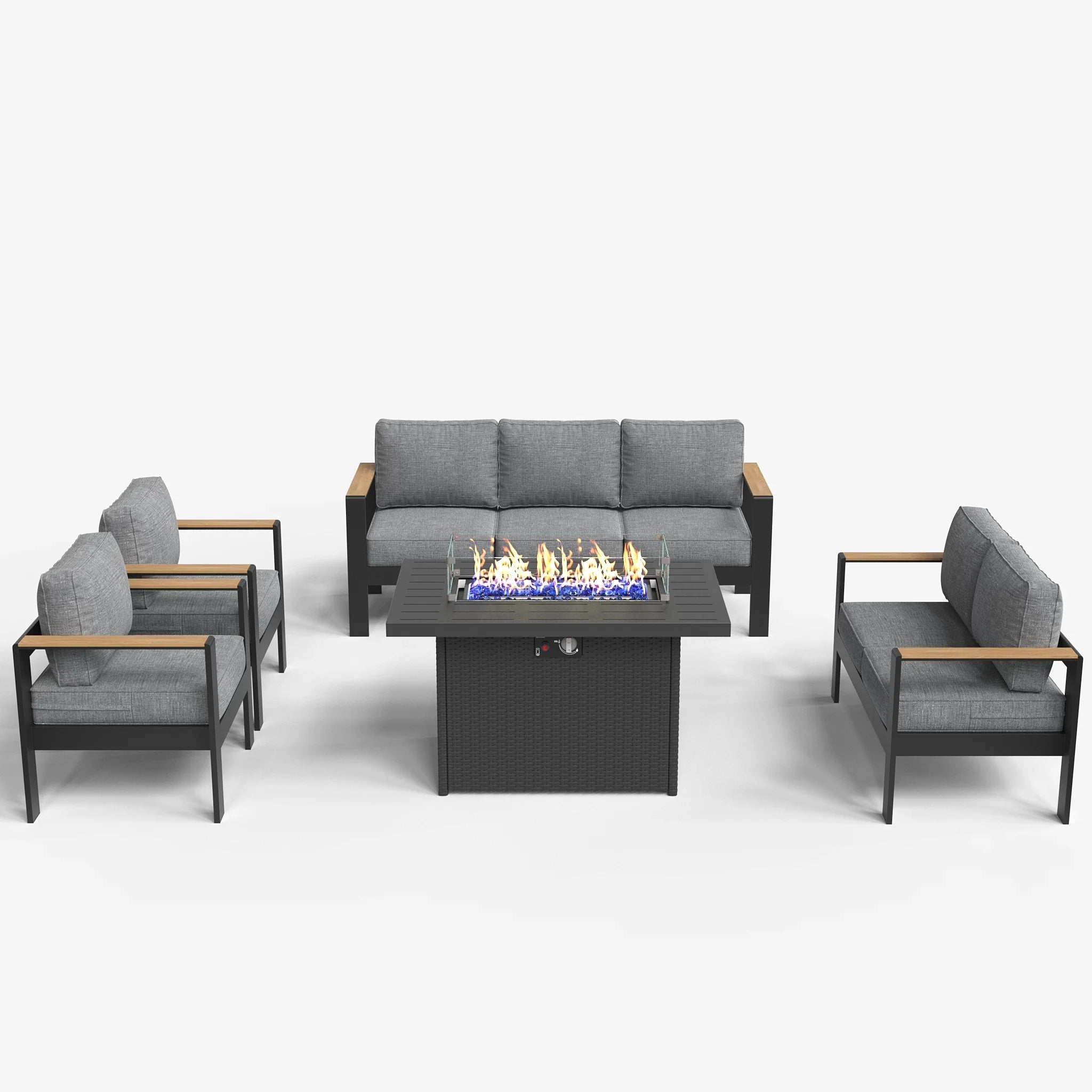 LayinSun 5 - Piece Aluminum Outdoor Conversation Fire Pit Set with Wood-Plastic Armrest