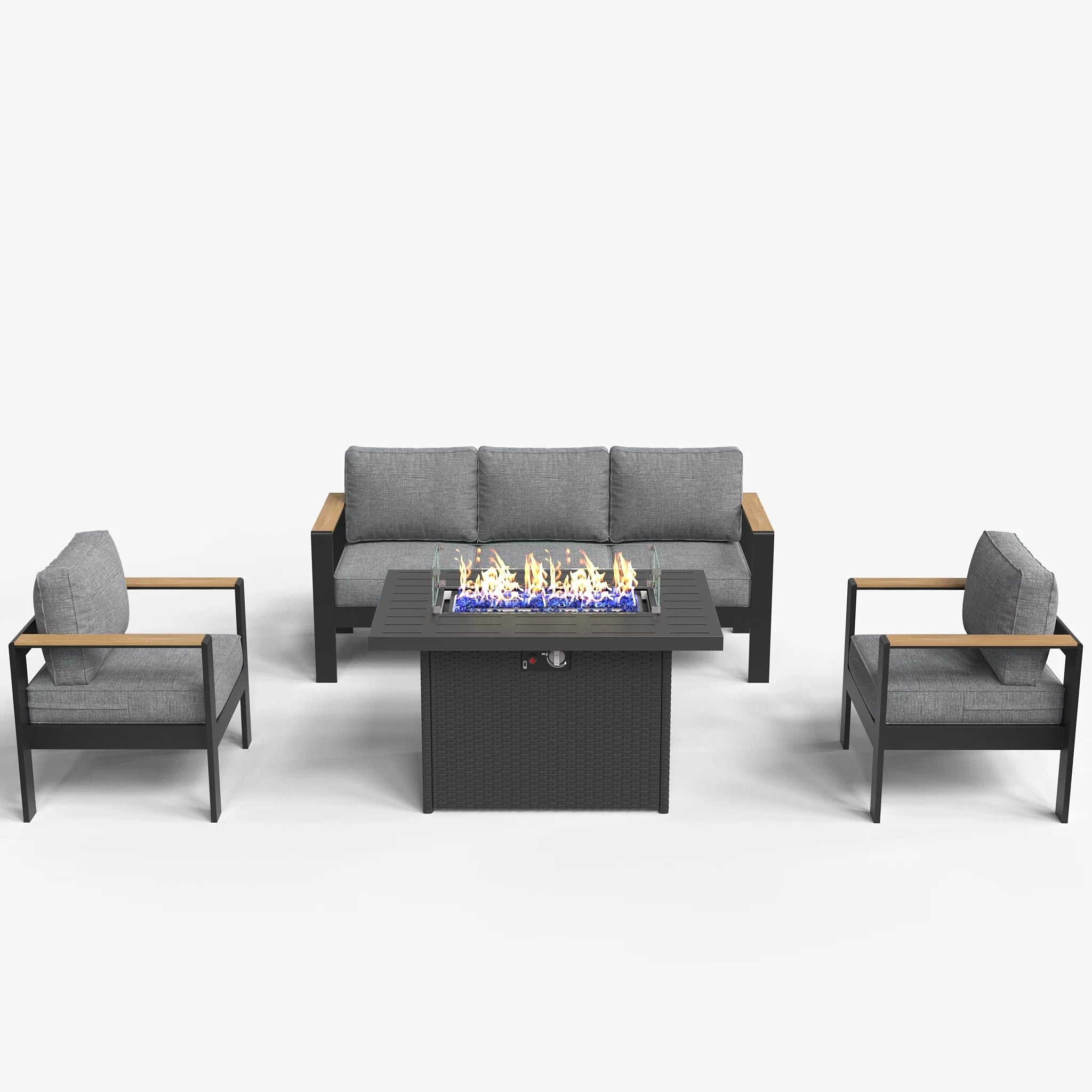 LayinSun 4 - Piece Aluminum Outdoor Conversation Fire Pit Set with Wood-Plastic Armrest