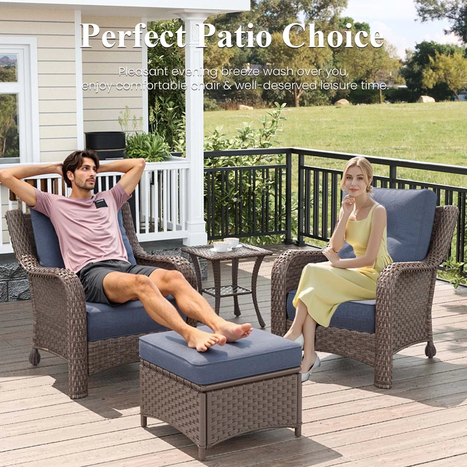 LayinSun 3 - Piece Outdoor Wicker Chairs Sets with 6-Inch Thick Cushions