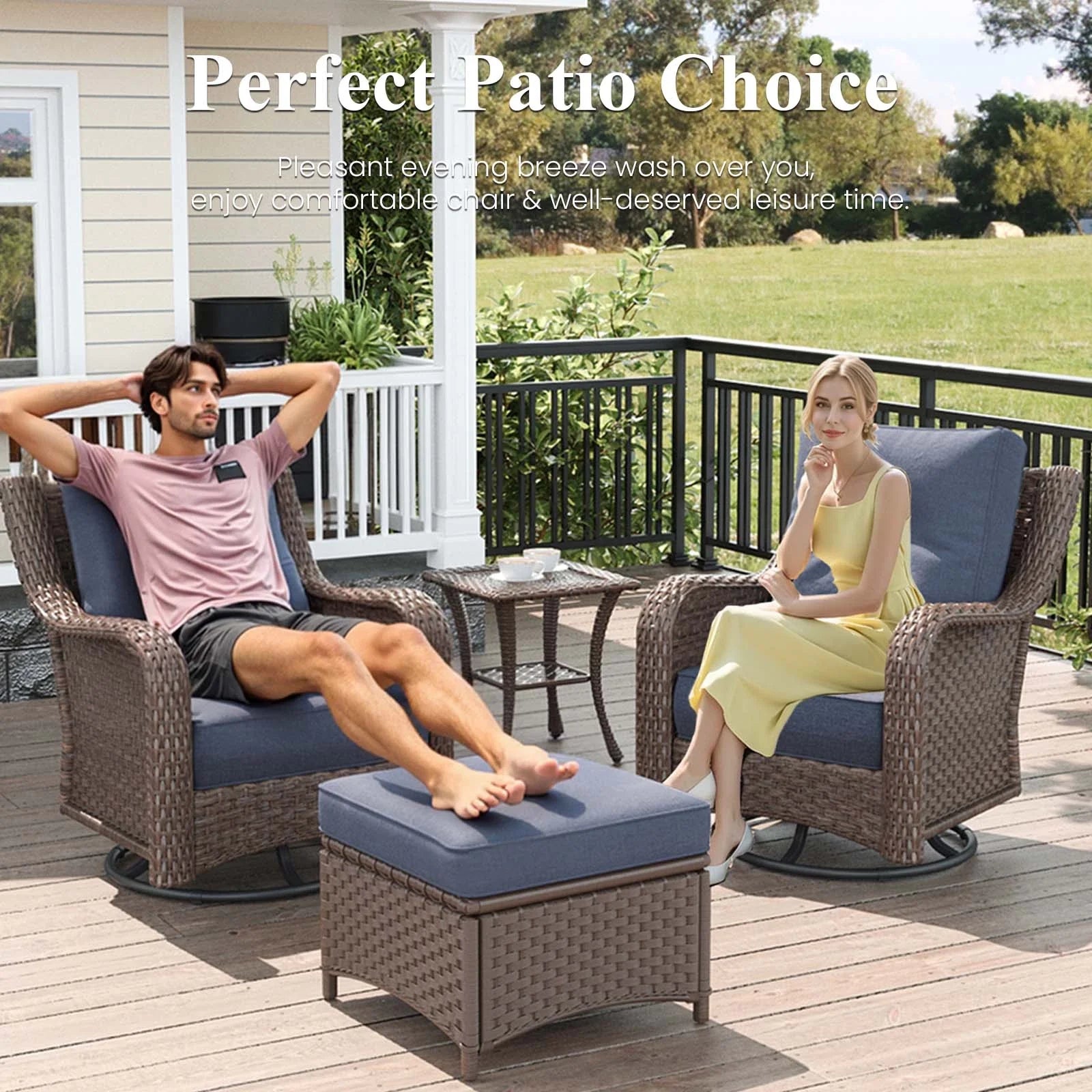 LayinSun 10 - Piece Swivel Glider Conversation Set with 6-Inch Thick Cushions and Fire Pit Table