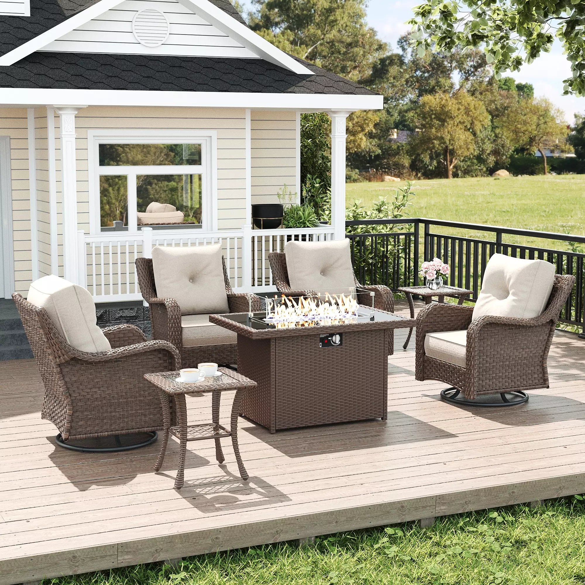 LayinSun 7 - Piece Swivel Glider Conversation Set with 6-Inch Thick Cushions and Fire Pit Table
