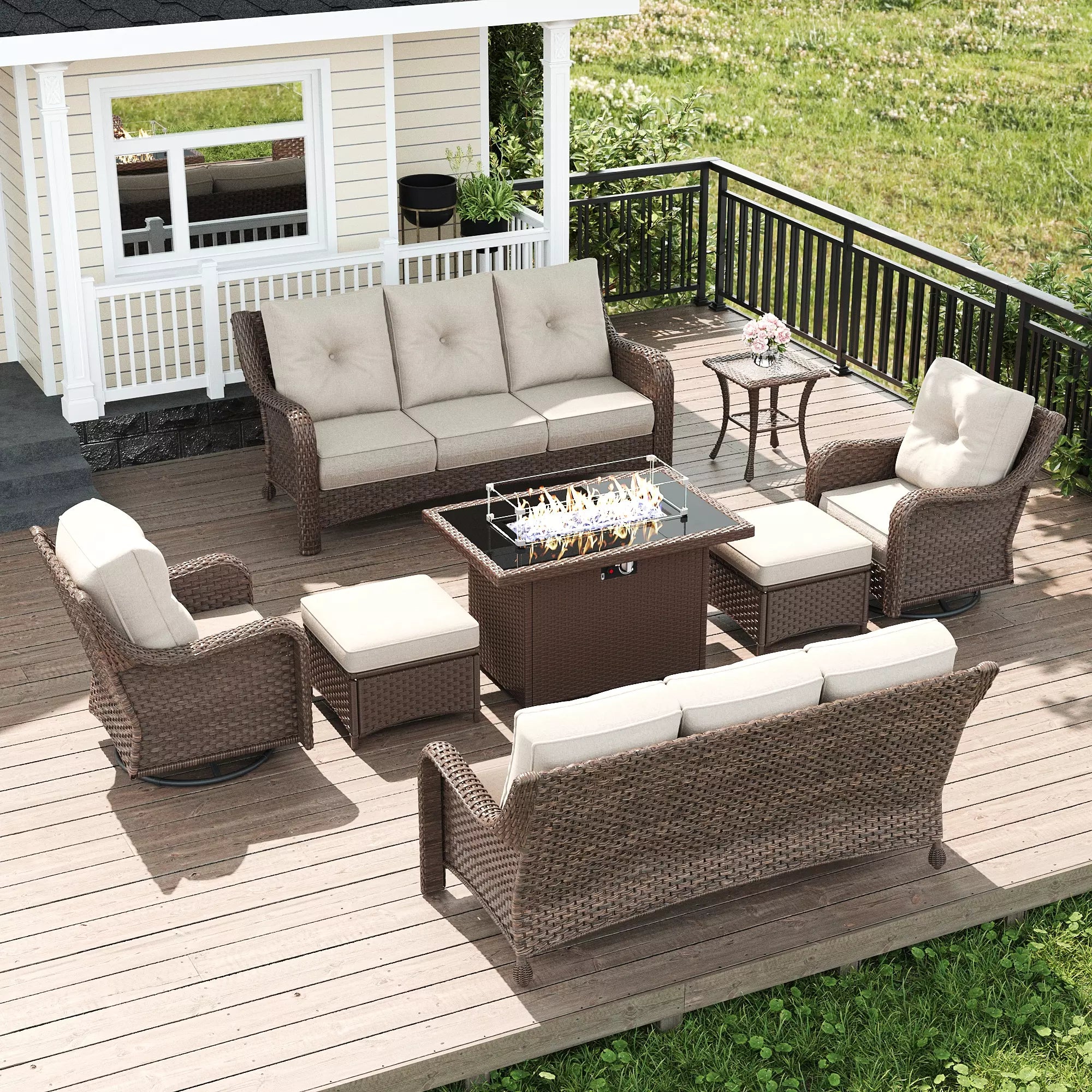 LayinSun 8 - Piece Swivel Glider Conversation Set with 6-Inch Thick Cushions and Fire Pit Table