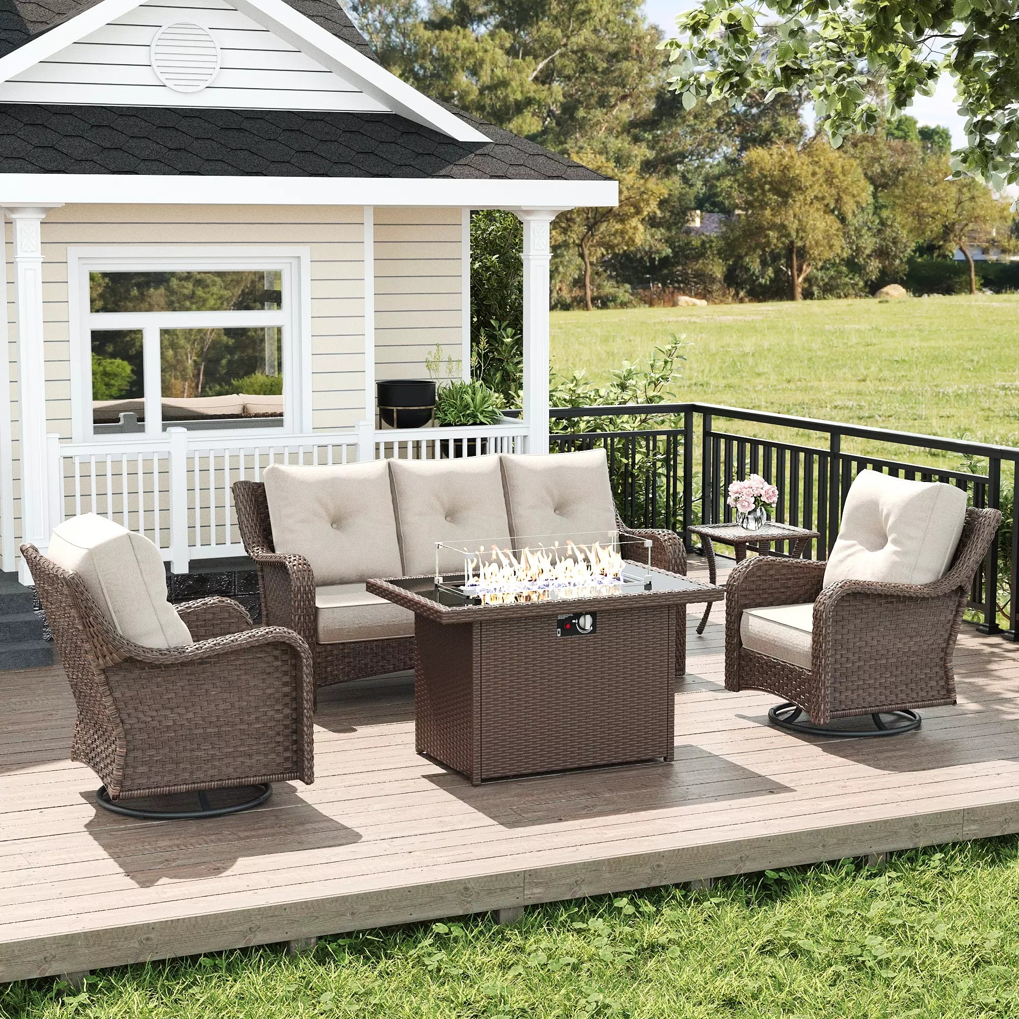 LayinSun 5 - Piece Swivel Glider Conversation Set with 6-Inch Thick Cushions and Fire Pit Table