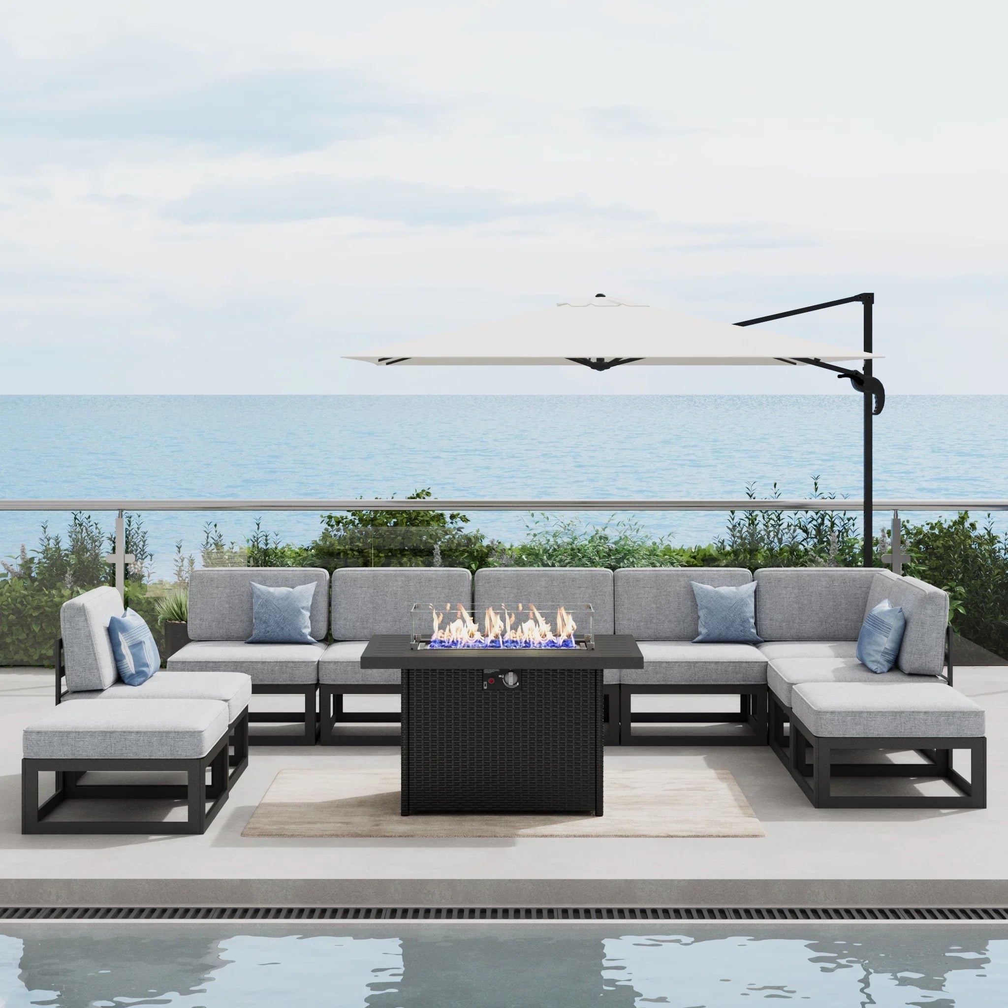 LayinSun 10 - Piece Large Outdoor Modular Sectional Set with Propane Fire Pit Table