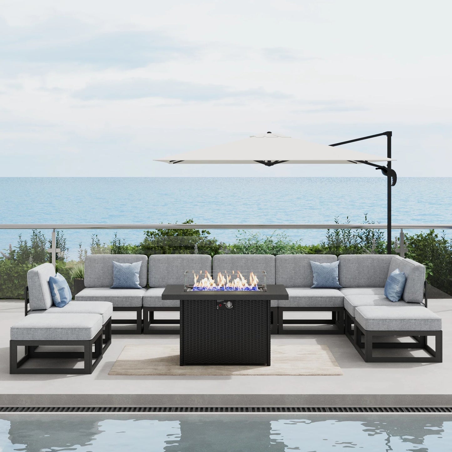 LayinSun 10 - Piece Large Outdoor Modular Sectional Set with Propane Fire Pit Table