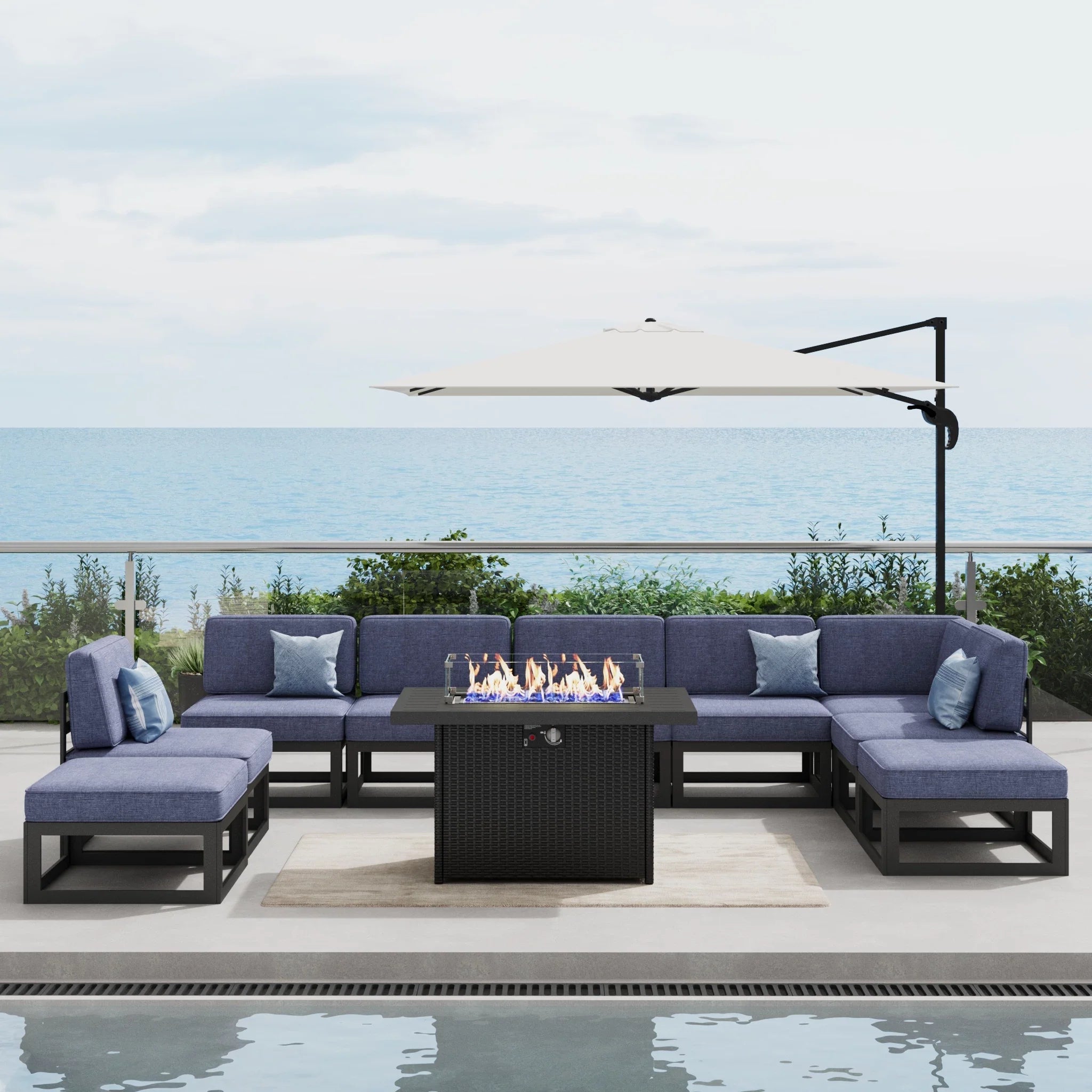 LayinSun 10 - Piece Large Outdoor Modular Sectional Set with Propane Fire Pit Table