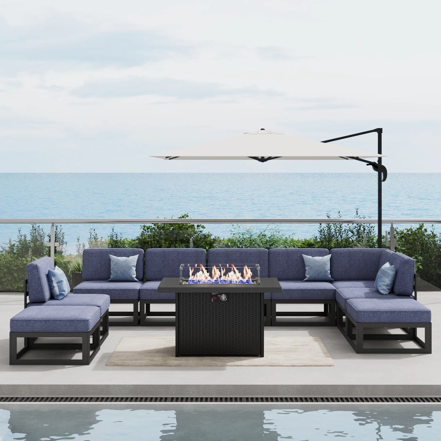 LayinSun 10 - Piece Large Outdoor Modular Sectional Set with Propane Fire Pit Table