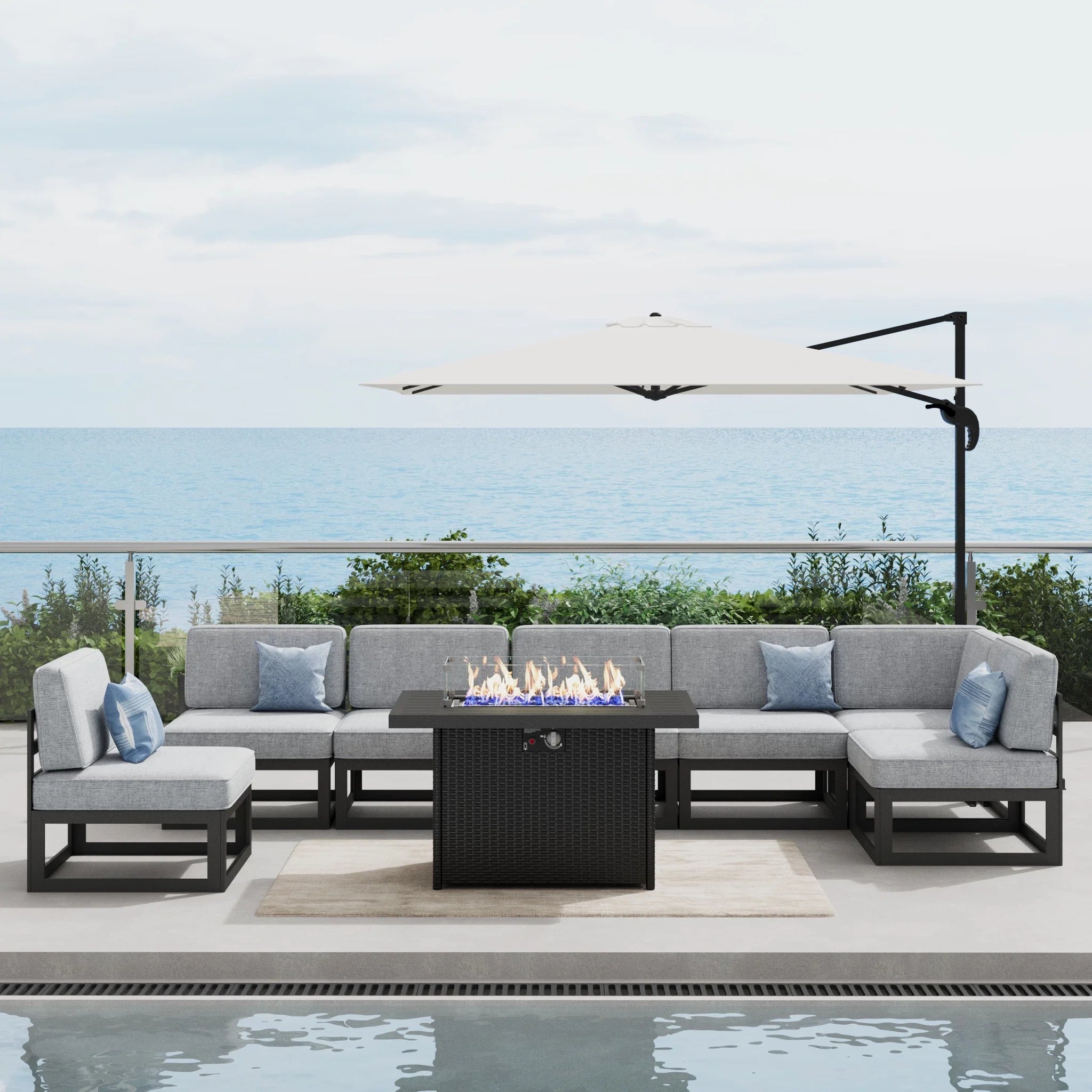 LayinSun 8 - Piece Large Outdoor Modular Sectional Set with Propane Fire Pit Table