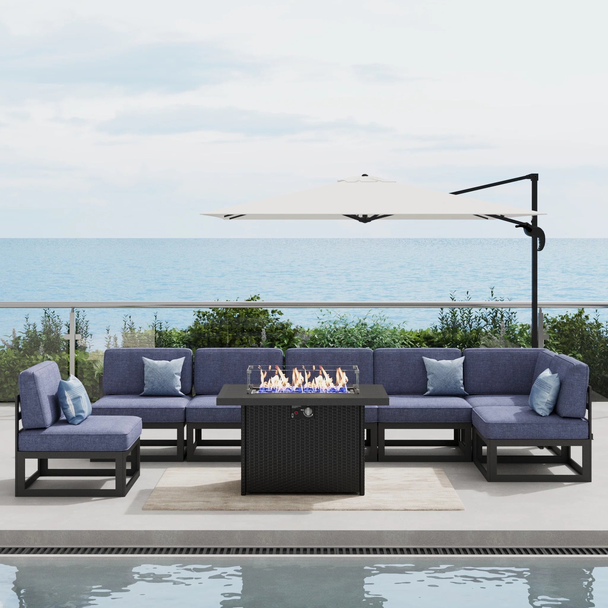LayinSun 8 - Piece Large Outdoor Modular Sectional Set with Propane Fire Pit Table
